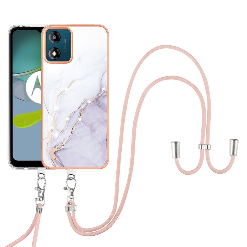 YB IMD Series-9 For Motorola Moto E13 4G IMD Marble Pattern Phone Case Electroplating TPU Anti-scratch Cover with Lanyard - White 006