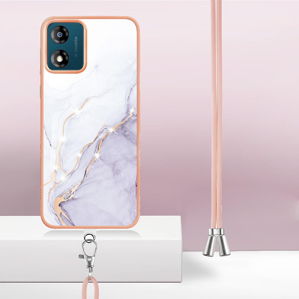 YB IMD Series-9 For Motorola Moto E13 4G IMD Marble Pattern Phone Case Electroplating TPU Anti-scratch Cover with Lanyard - White 006