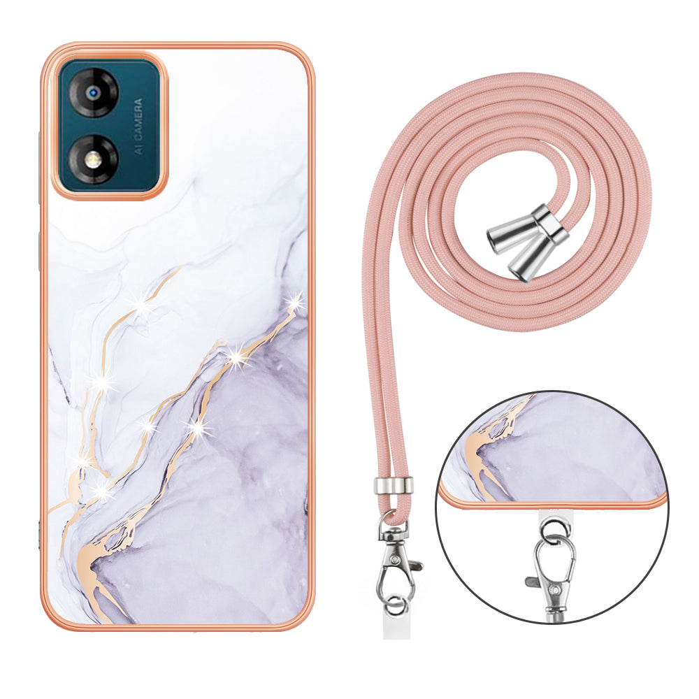 YB IMD Series-9 For Motorola Moto E13 4G IMD Marble Pattern Phone Case Electroplating TPU Anti-scratch Cover with Lanyard - White 006