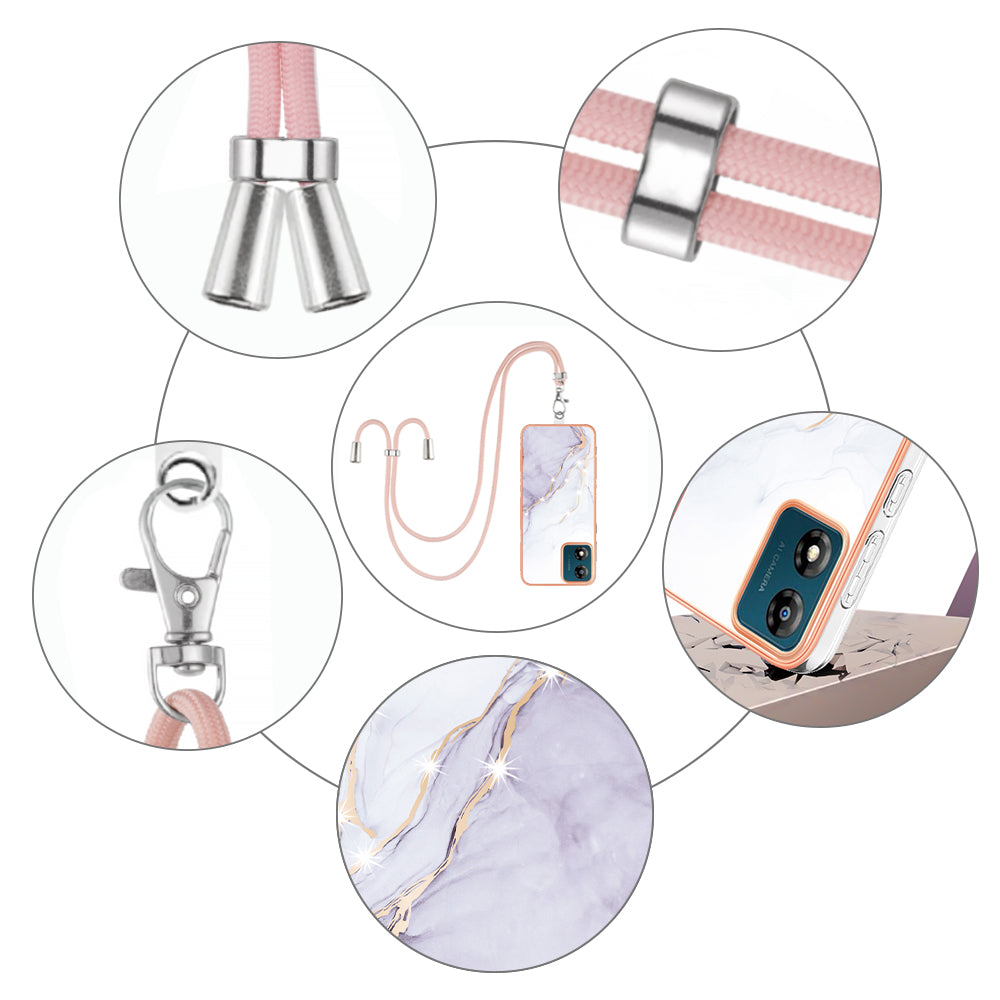 YB IMD Series-9 For Motorola Moto E13 4G IMD Marble Pattern Phone Case Electroplating TPU Anti-scratch Cover with Lanyard - White 006