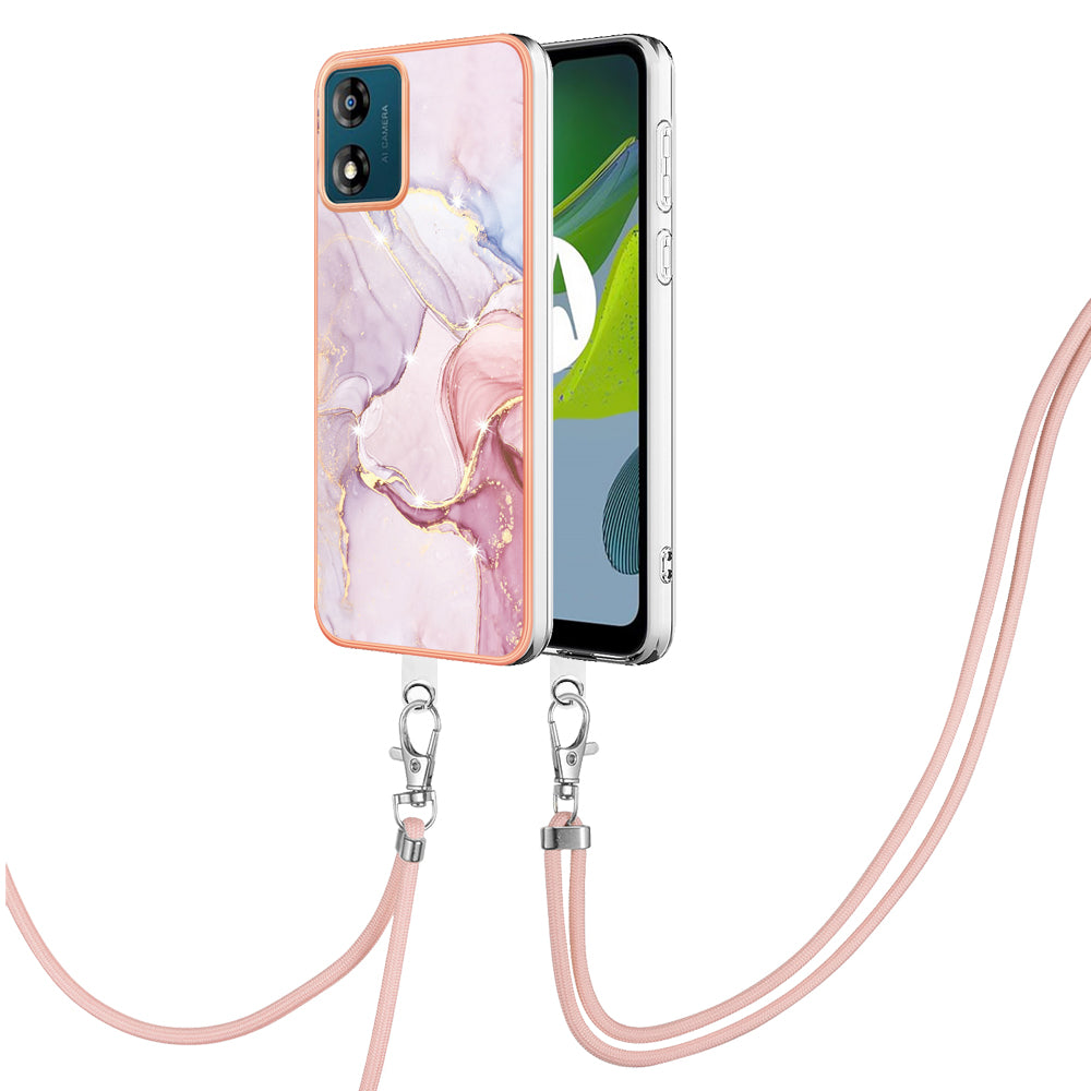 YB IMD Series-9 For Motorola Moto E13 4G IMD Marble Pattern Phone Case Electroplating TPU Anti-scratch Cover with Lanyard - Rose Gold 005