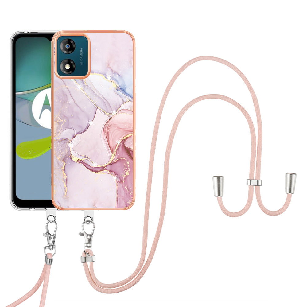 YB IMD Series-9 For Motorola Moto E13 4G IMD Marble Pattern Phone Case Electroplating TPU Anti-scratch Cover with Lanyard - Rose Gold 005