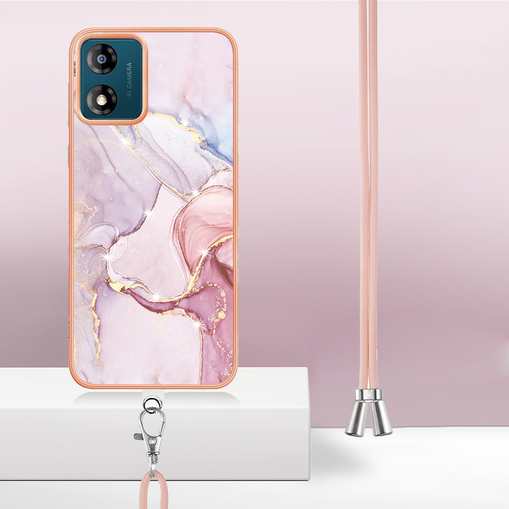 YB IMD Series-9 For Motorola Moto E13 4G IMD Marble Pattern Phone Case Electroplating TPU Anti-scratch Cover with Lanyard - Rose Gold 005