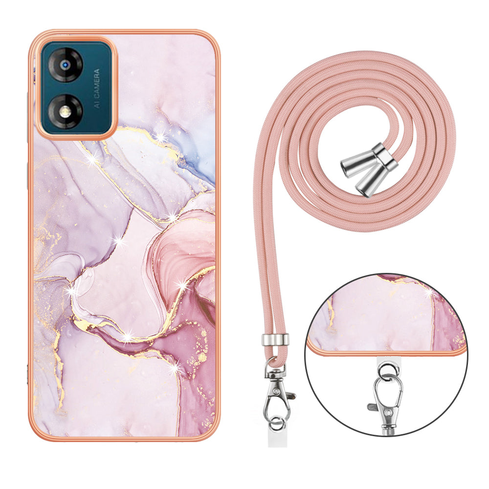 YB IMD Series-9 For Motorola Moto E13 4G IMD Marble Pattern Phone Case Electroplating TPU Anti-scratch Cover with Lanyard - Rose Gold 005