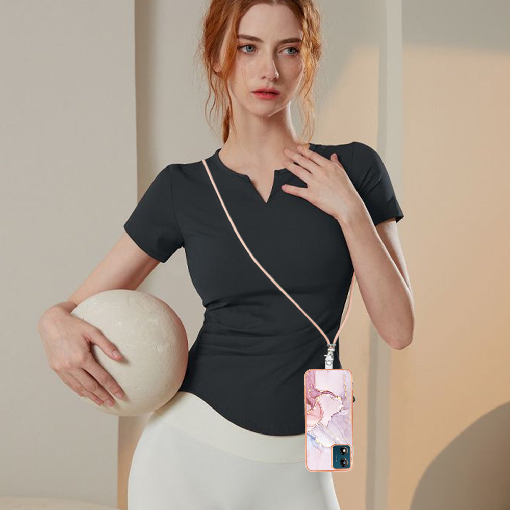 YB IMD Series-9 For Motorola Moto E13 4G IMD Marble Pattern Phone Case Electroplating TPU Anti-scratch Cover with Lanyard - Rose Gold 005