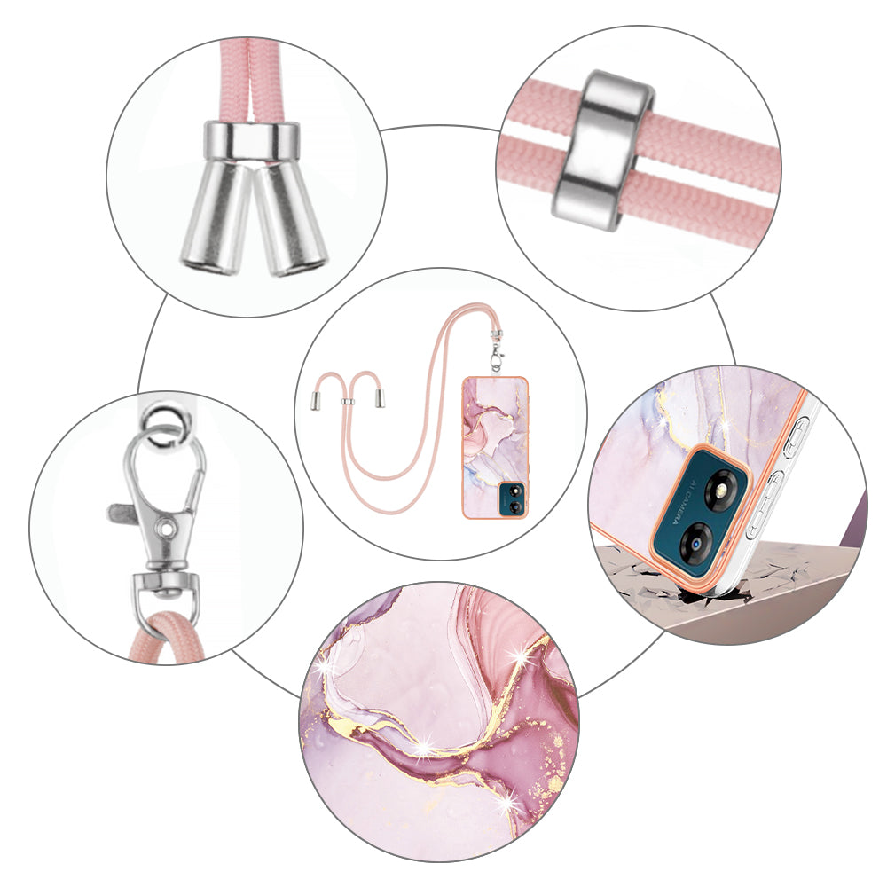 YB IMD Series-9 For Motorola Moto E13 4G IMD Marble Pattern Phone Case Electroplating TPU Anti-scratch Cover with Lanyard - Rose Gold 005