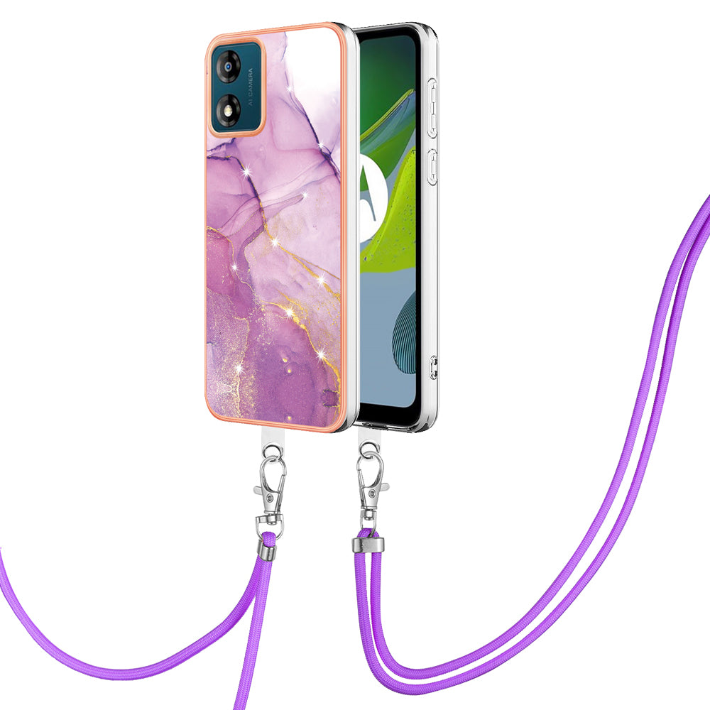 YB IMD Series-9 For Motorola Moto E13 4G IMD Marble Pattern Phone Case Electroplating TPU Anti-scratch Cover with Lanyard - Purple 001