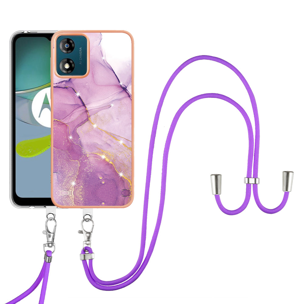 YB IMD Series-9 For Motorola Moto E13 4G IMD Marble Pattern Phone Case Electroplating TPU Anti-scratch Cover with Lanyard - Purple 001