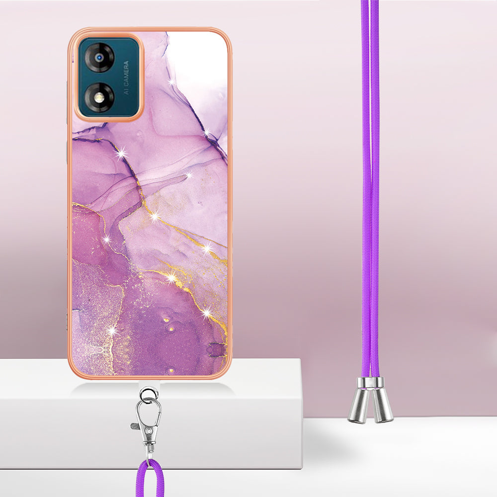 YB IMD Series-9 For Motorola Moto E13 4G IMD Marble Pattern Phone Case Electroplating TPU Anti-scratch Cover with Lanyard - Purple 001