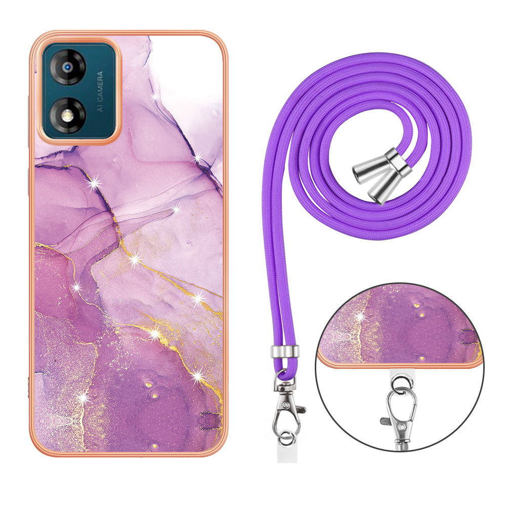 YB IMD Series-9 For Motorola Moto E13 4G IMD Marble Pattern Phone Case Electroplating TPU Anti-scratch Cover with Lanyard - Purple 001