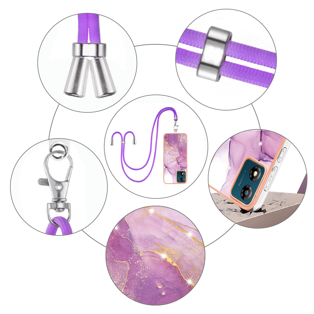 YB IMD Series-9 For Motorola Moto E13 4G IMD Marble Pattern Phone Case Electroplating TPU Anti-scratch Cover with Lanyard - Purple 001