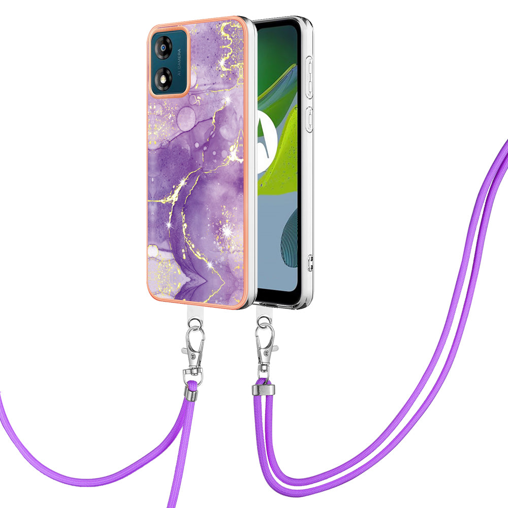 YB IMD Series-9 For Motorola Moto E13 4G IMD Marble Pattern Phone Case Electroplating TPU Anti-scratch Cover with Lanyard - Purple 002
