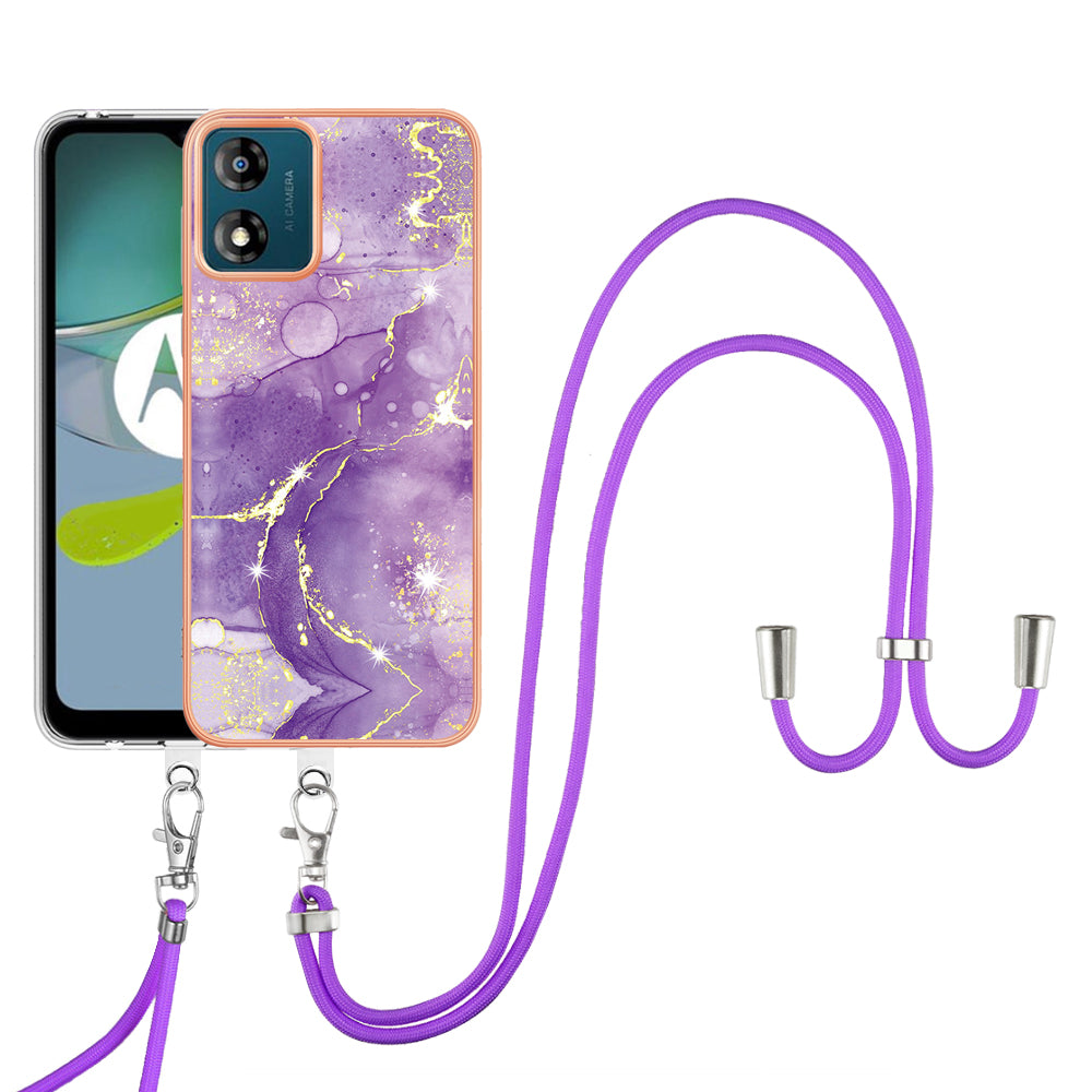 YB IMD Series-9 For Motorola Moto E13 4G IMD Marble Pattern Phone Case Electroplating TPU Anti-scratch Cover with Lanyard - Purple 002