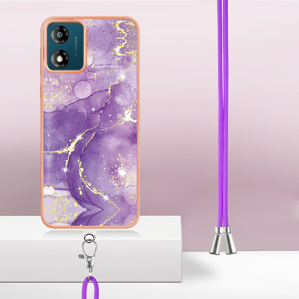 YB IMD Series-9 For Motorola Moto E13 4G IMD Marble Pattern Phone Case Electroplating TPU Anti-scratch Cover with Lanyard - Purple 002