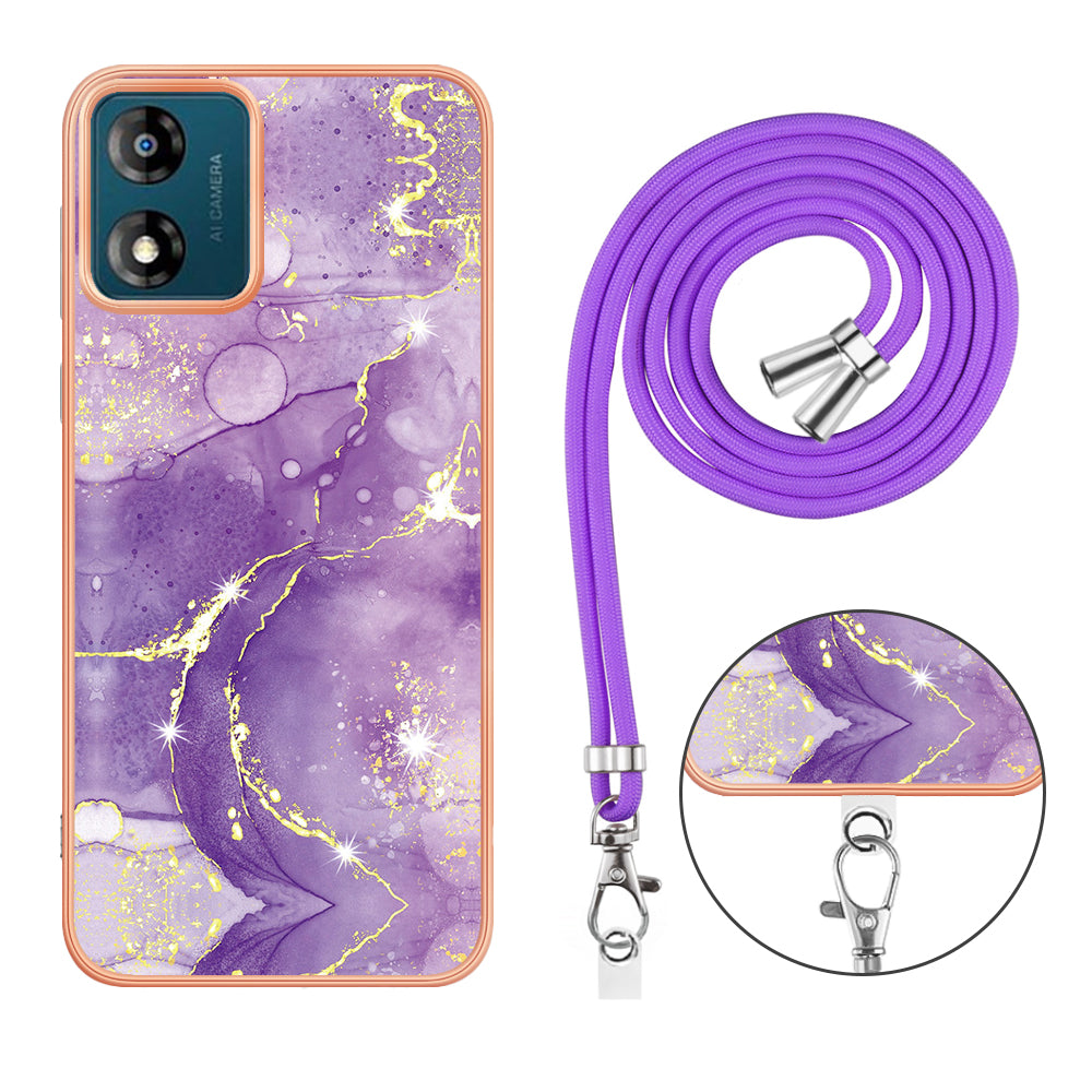 YB IMD Series-9 For Motorola Moto E13 4G IMD Marble Pattern Phone Case Electroplating TPU Anti-scratch Cover with Lanyard - Purple 002
