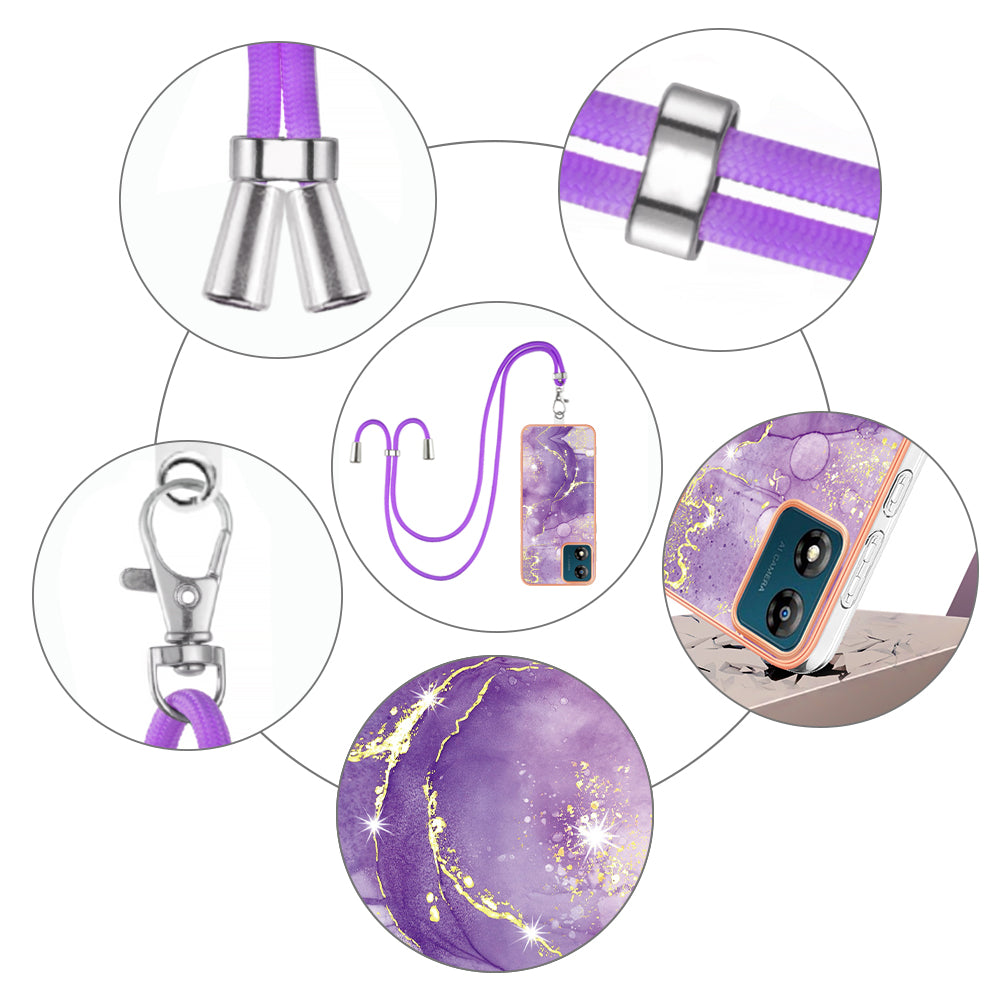 YB IMD Series-9 For Motorola Moto E13 4G IMD Marble Pattern Phone Case Electroplating TPU Anti-scratch Cover with Lanyard - Purple 002