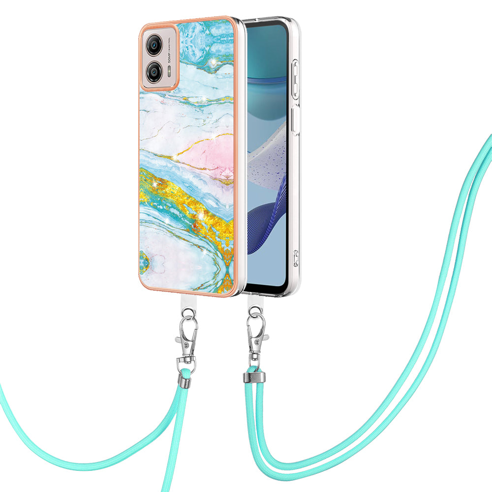YB IMD Series-9 For Motorola Moto G53 5G / G13 4G TPU Cover Electroplated IMD Marble Pattern Phone Case with Lanyard - Green 004