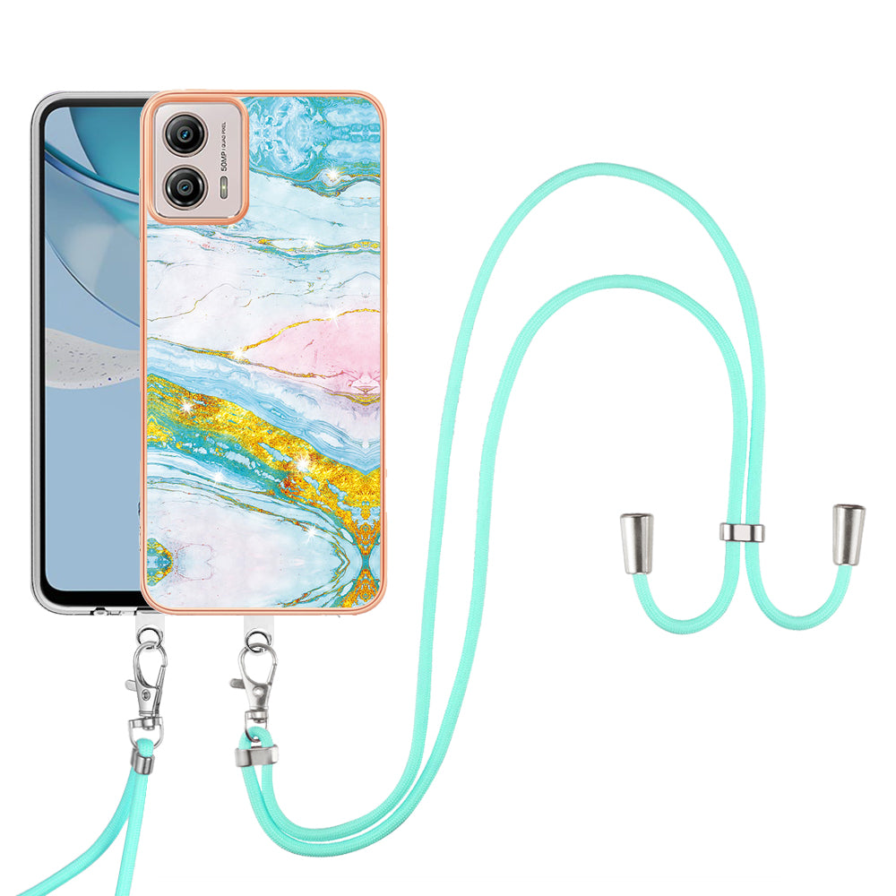 YB IMD Series-9 For Motorola Moto G53 5G / G13 4G TPU Cover Electroplated IMD Marble Pattern Phone Case with Lanyard - Green 004