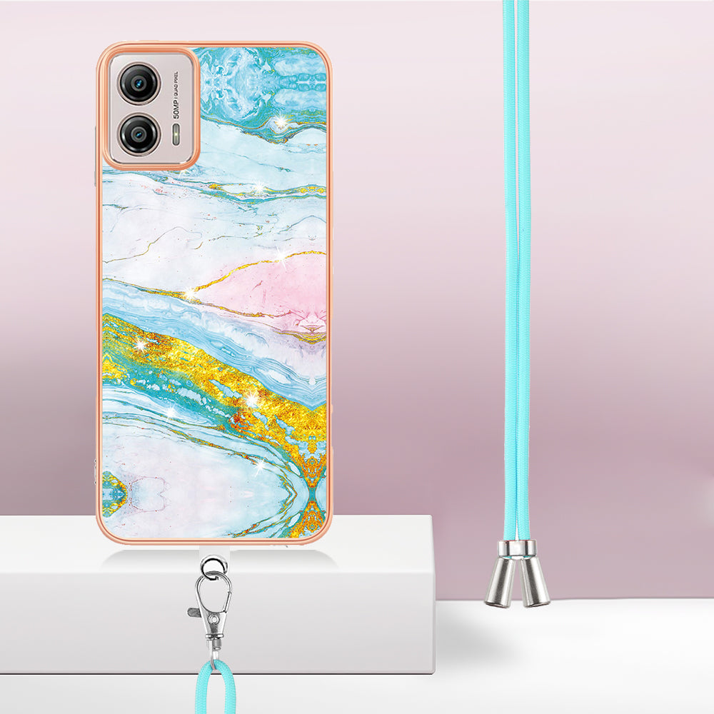 YB IMD Series-9 For Motorola Moto G53 5G / G13 4G TPU Cover Electroplated IMD Marble Pattern Phone Case with Lanyard - Green 004