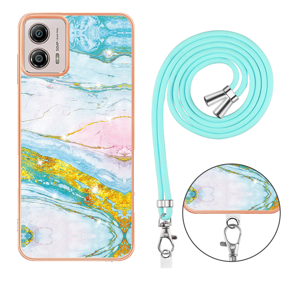 YB IMD Series-9 For Motorola Moto G53 5G / G13 4G TPU Cover Electroplated IMD Marble Pattern Phone Case with Lanyard - Green 004