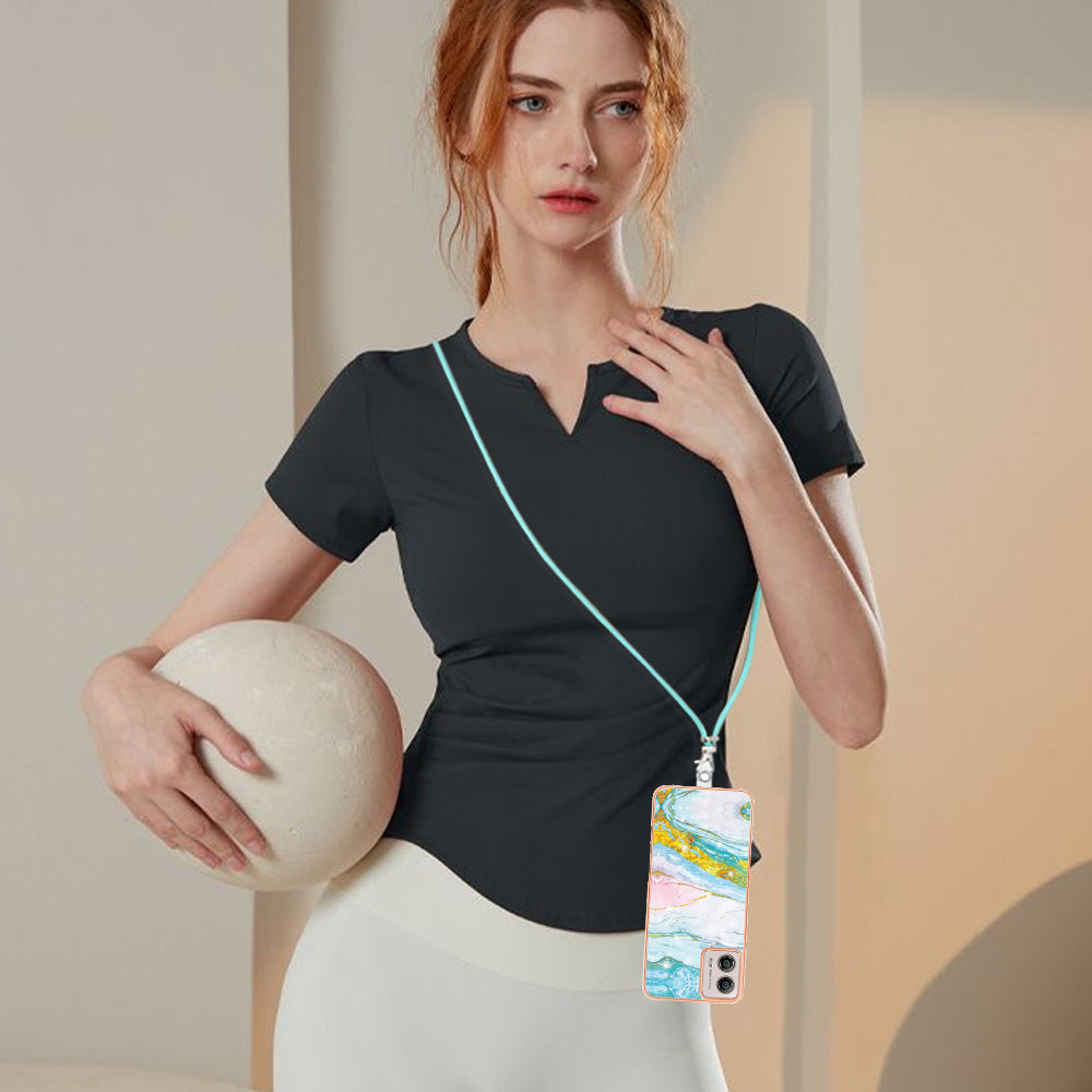 YB IMD Series-9 For Motorola Moto G53 5G / G13 4G TPU Cover Electroplated IMD Marble Pattern Phone Case with Lanyard - Green 004