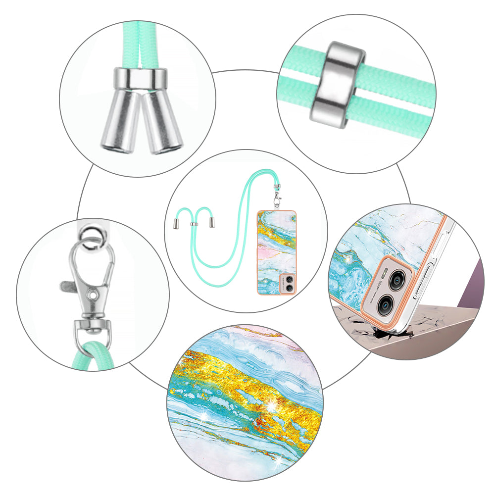 YB IMD Series-9 For Motorola Moto G53 5G / G13 4G TPU Cover Electroplated IMD Marble Pattern Phone Case with Lanyard - Green 004