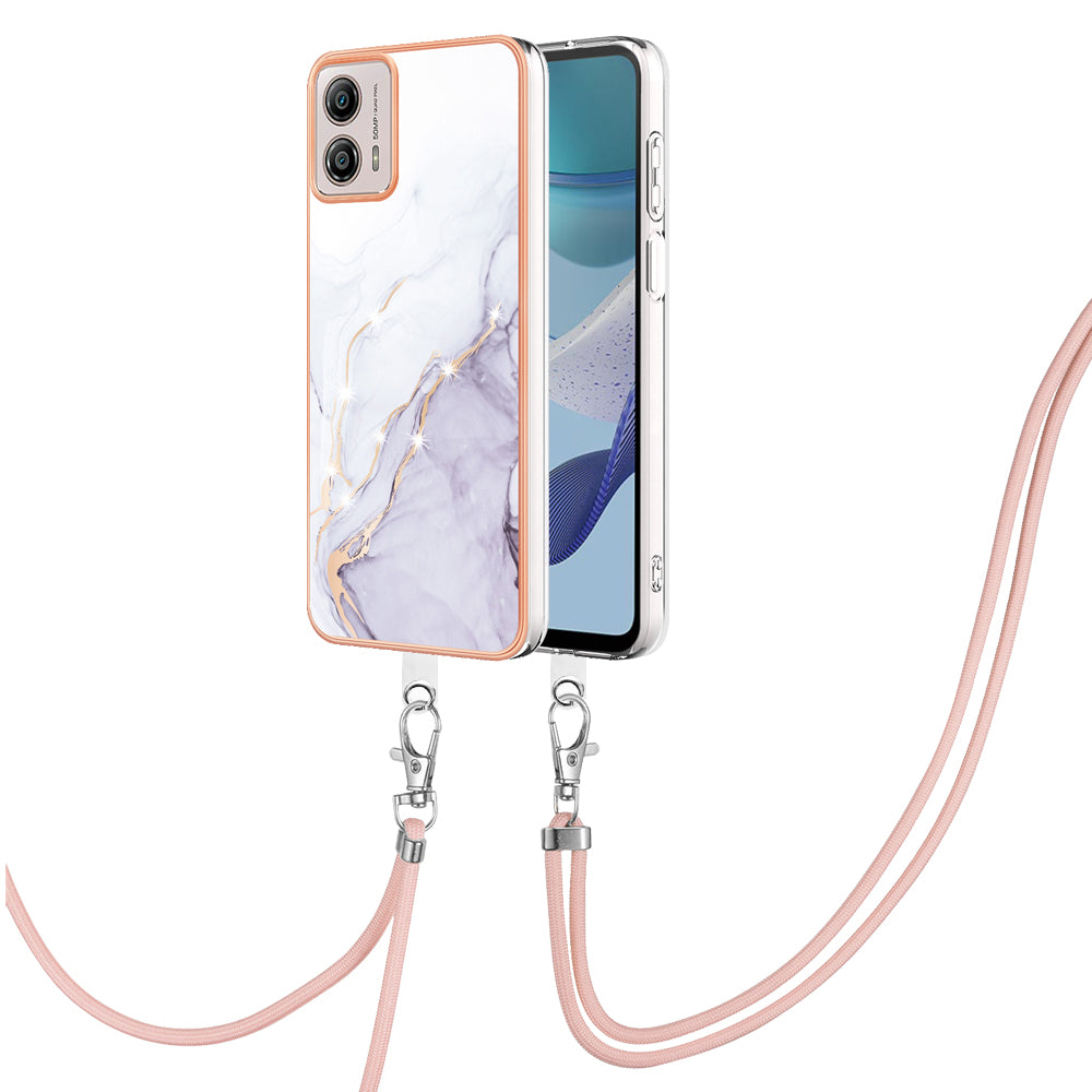 YB IMD Series-9 For Motorola Moto G53 5G / G13 4G TPU Cover Electroplated IMD Marble Pattern Phone Case with Lanyard - White 006
