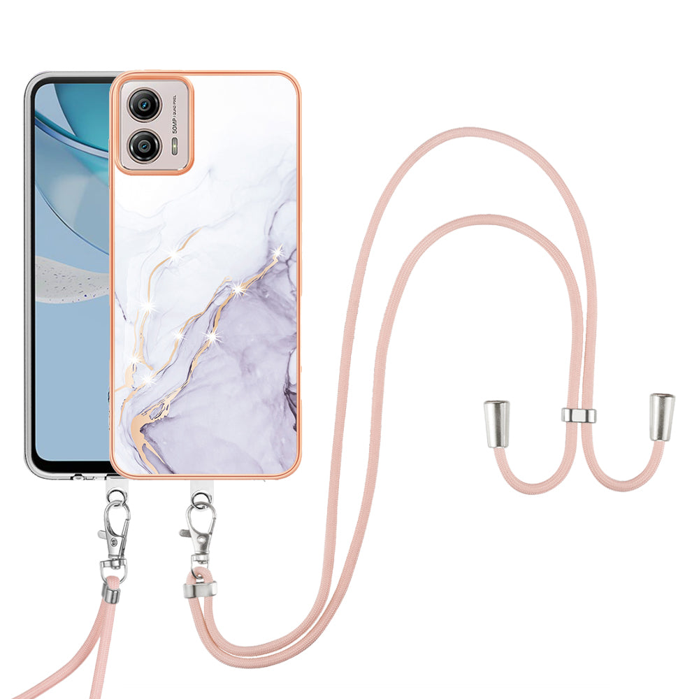 YB IMD Series-9 For Motorola Moto G53 5G / G13 4G TPU Cover Electroplated IMD Marble Pattern Phone Case with Lanyard - White 006