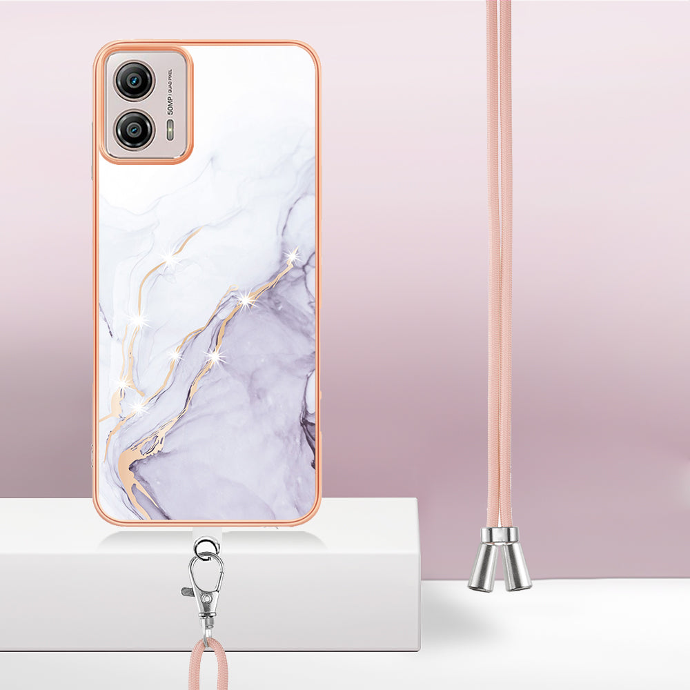 YB IMD Series-9 For Motorola Moto G53 5G / G13 4G TPU Cover Electroplated IMD Marble Pattern Phone Case with Lanyard - White 006