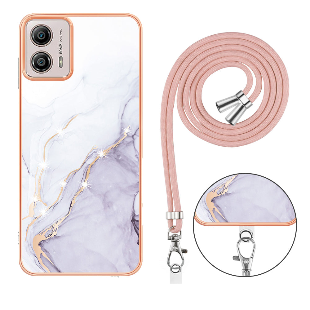 YB IMD Series-9 For Motorola Moto G53 5G / G13 4G TPU Cover Electroplated IMD Marble Pattern Phone Case with Lanyard - White 006