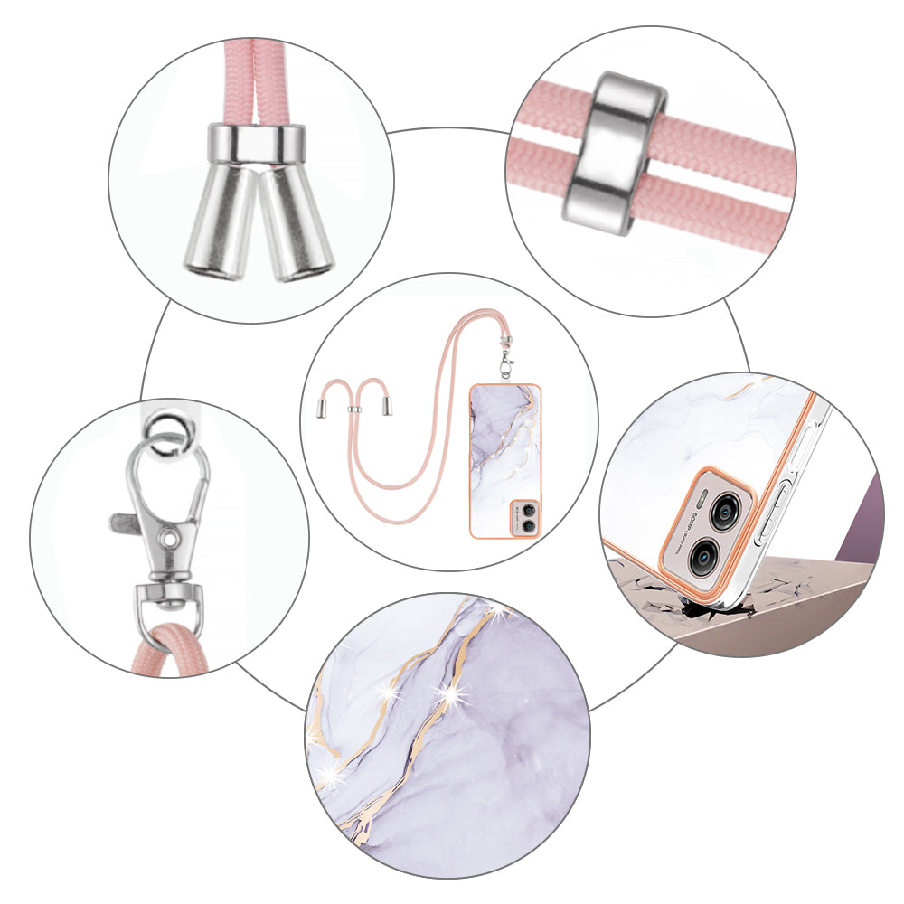 YB IMD Series-9 For Motorola Moto G53 5G / G13 4G TPU Cover Electroplated IMD Marble Pattern Phone Case with Lanyard - White 006