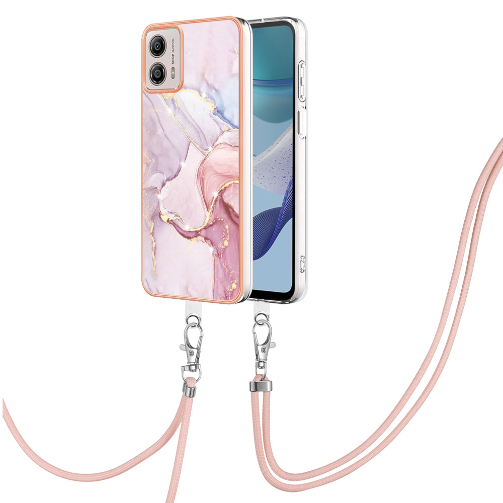 YB IMD Series-9 For Motorola Moto G53 5G / G13 4G TPU Cover Electroplated IMD Marble Pattern Phone Case with Lanyard - Rose Gold 005
