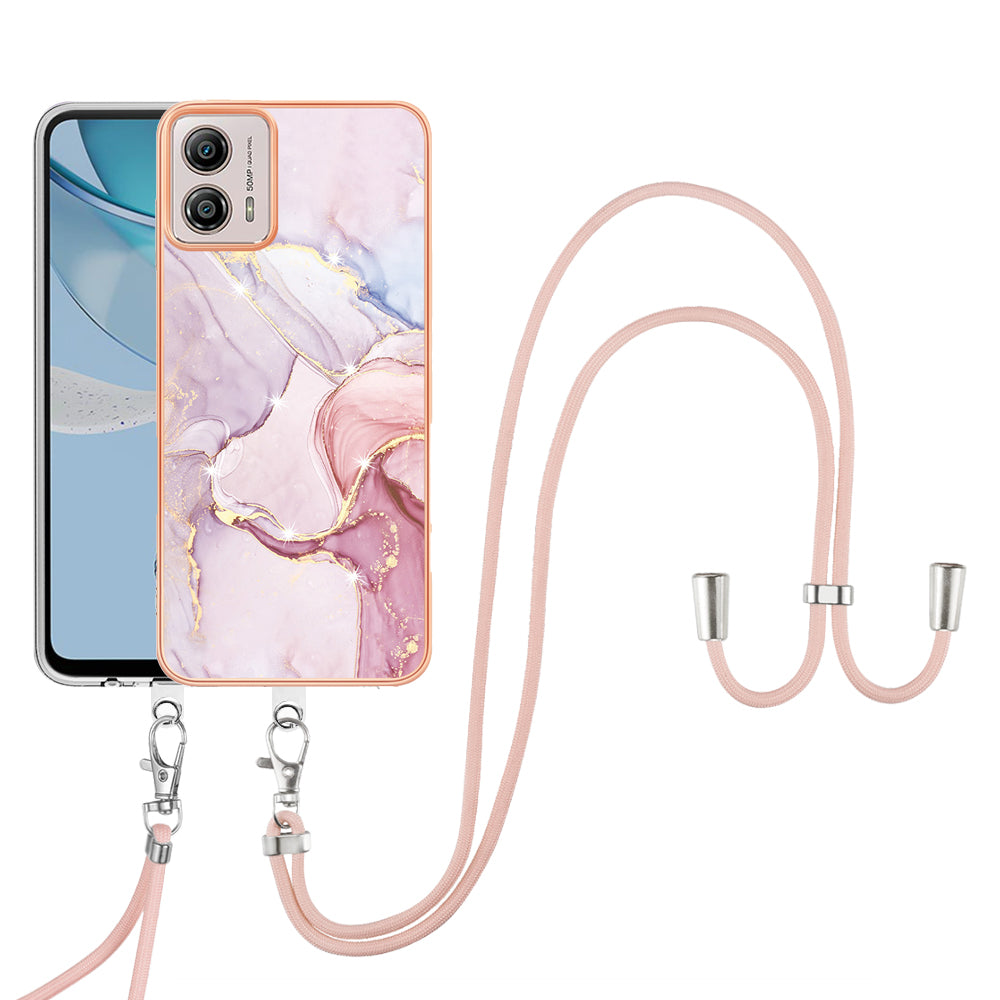 YB IMD Series-9 For Motorola Moto G53 5G / G13 4G TPU Cover Electroplated IMD Marble Pattern Phone Case with Lanyard - Rose Gold 005