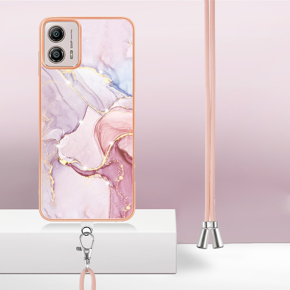 YB IMD Series-9 For Motorola Moto G53 5G / G13 4G TPU Cover Electroplated IMD Marble Pattern Phone Case with Lanyard - Rose Gold 005