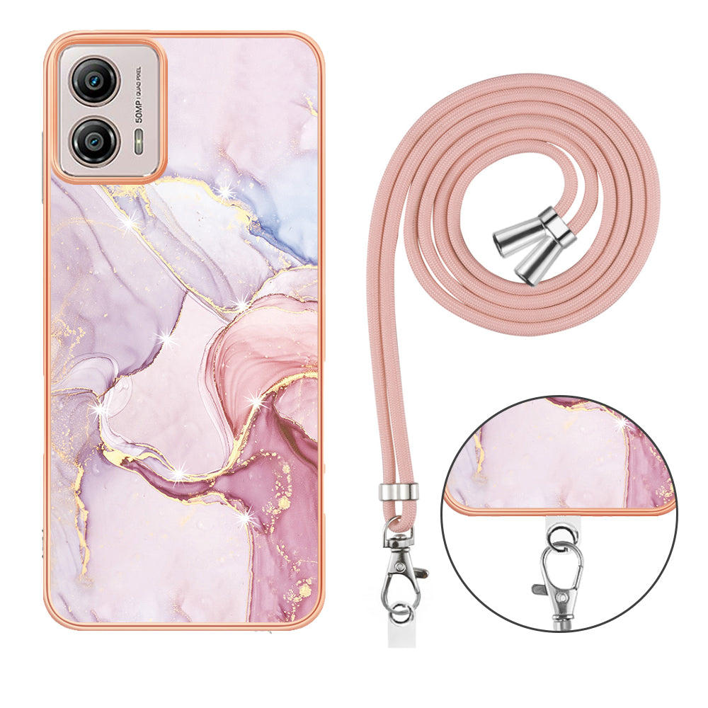 YB IMD Series-9 For Motorola Moto G53 5G / G13 4G TPU Cover Electroplated IMD Marble Pattern Phone Case with Lanyard - Rose Gold 005
