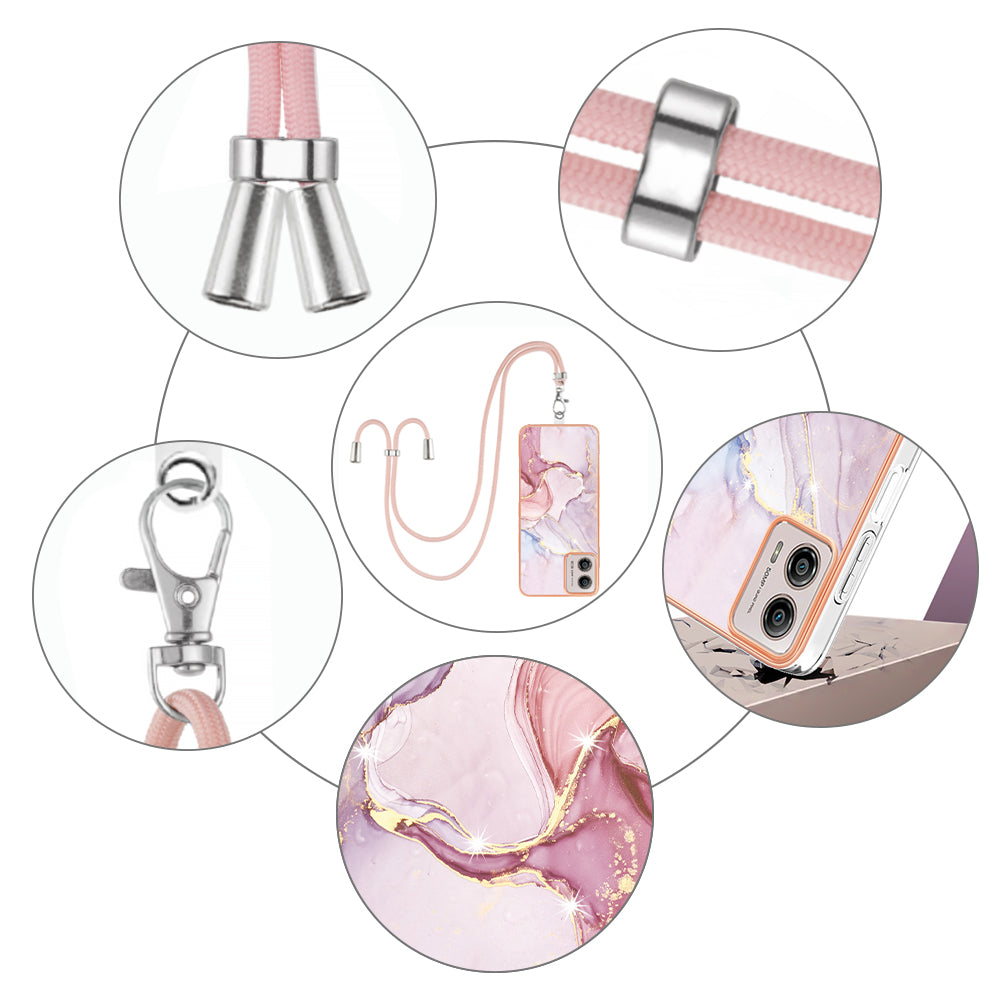 YB IMD Series-9 For Motorola Moto G53 5G / G13 4G TPU Cover Electroplated IMD Marble Pattern Phone Case with Lanyard - Rose Gold 005