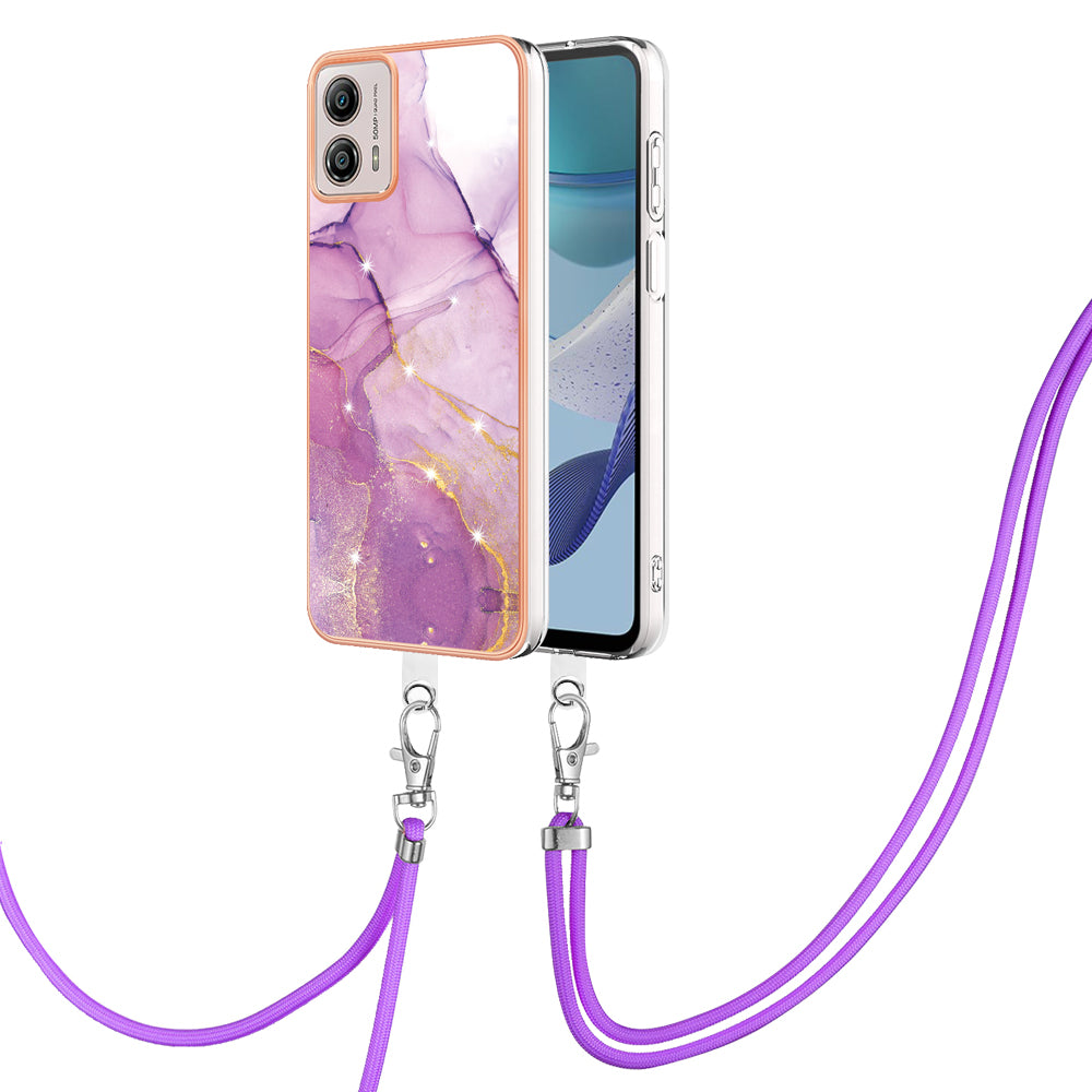 YB IMD Series-9 For Motorola Moto G53 5G / G13 4G TPU Cover Electroplated IMD Marble Pattern Phone Case with Lanyard - Purple 001
