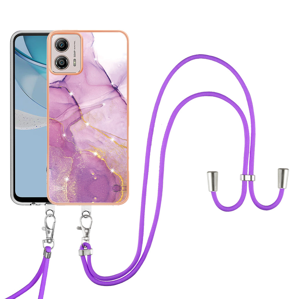YB IMD Series-9 For Motorola Moto G53 5G / G13 4G TPU Cover Electroplated IMD Marble Pattern Phone Case with Lanyard - Purple 001