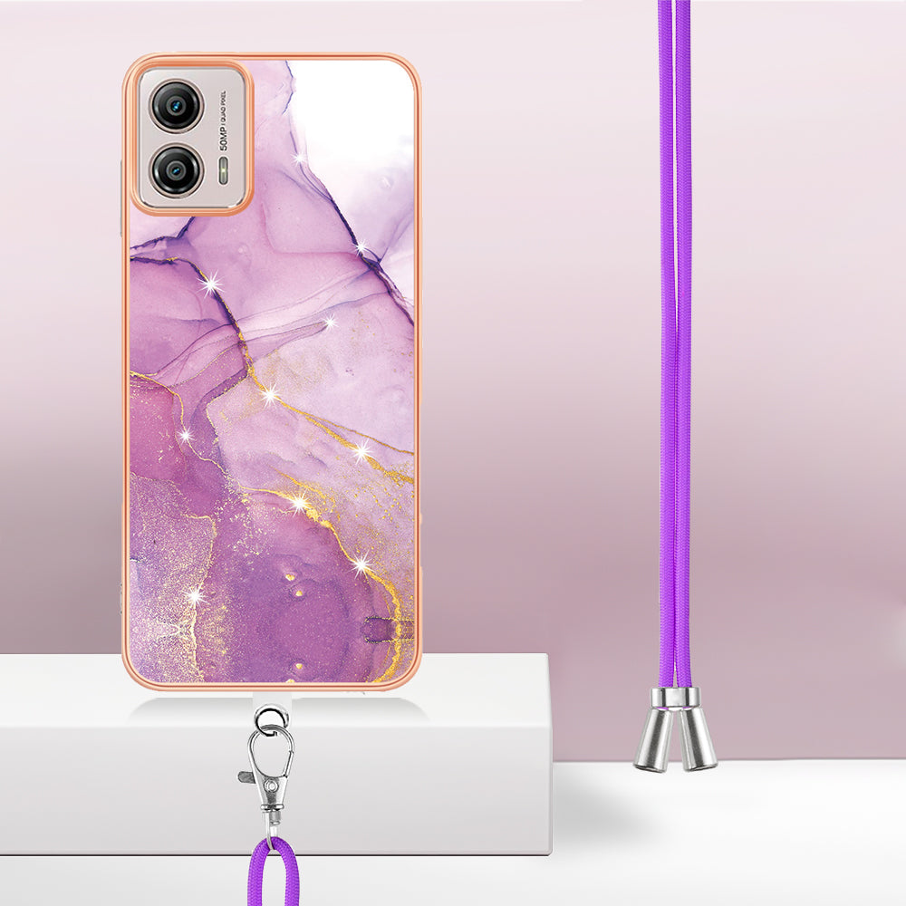 YB IMD Series-9 For Motorola Moto G53 5G / G13 4G TPU Cover Electroplated IMD Marble Pattern Phone Case with Lanyard - Purple 001