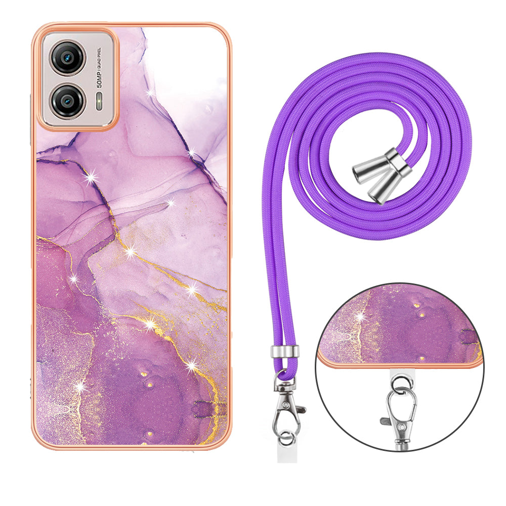 YB IMD Series-9 For Motorola Moto G53 5G / G13 4G TPU Cover Electroplated IMD Marble Pattern Phone Case with Lanyard - Purple 001