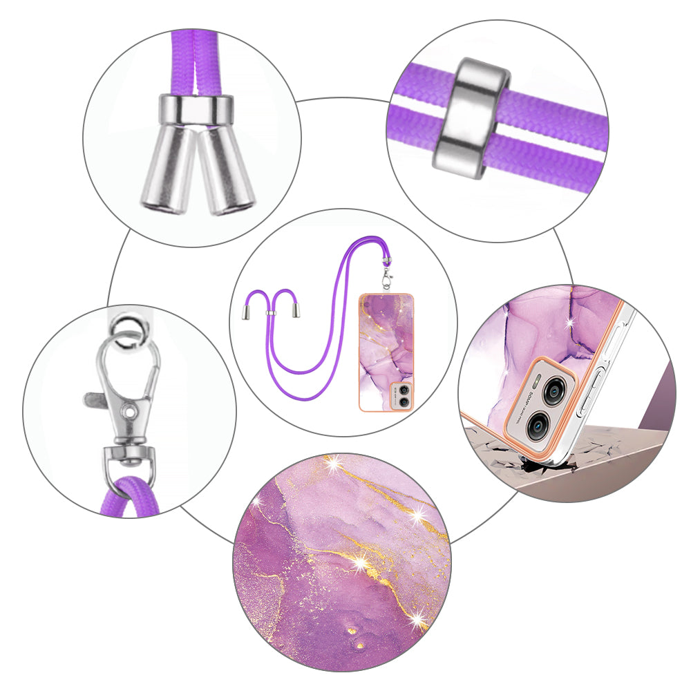 YB IMD Series-9 For Motorola Moto G53 5G / G13 4G TPU Cover Electroplated IMD Marble Pattern Phone Case with Lanyard - Purple 001