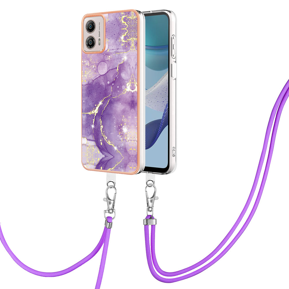 YB IMD Series-9 For Motorola Moto G53 5G / G13 4G TPU Cover Electroplated IMD Marble Pattern Phone Case with Lanyard - Purple 002