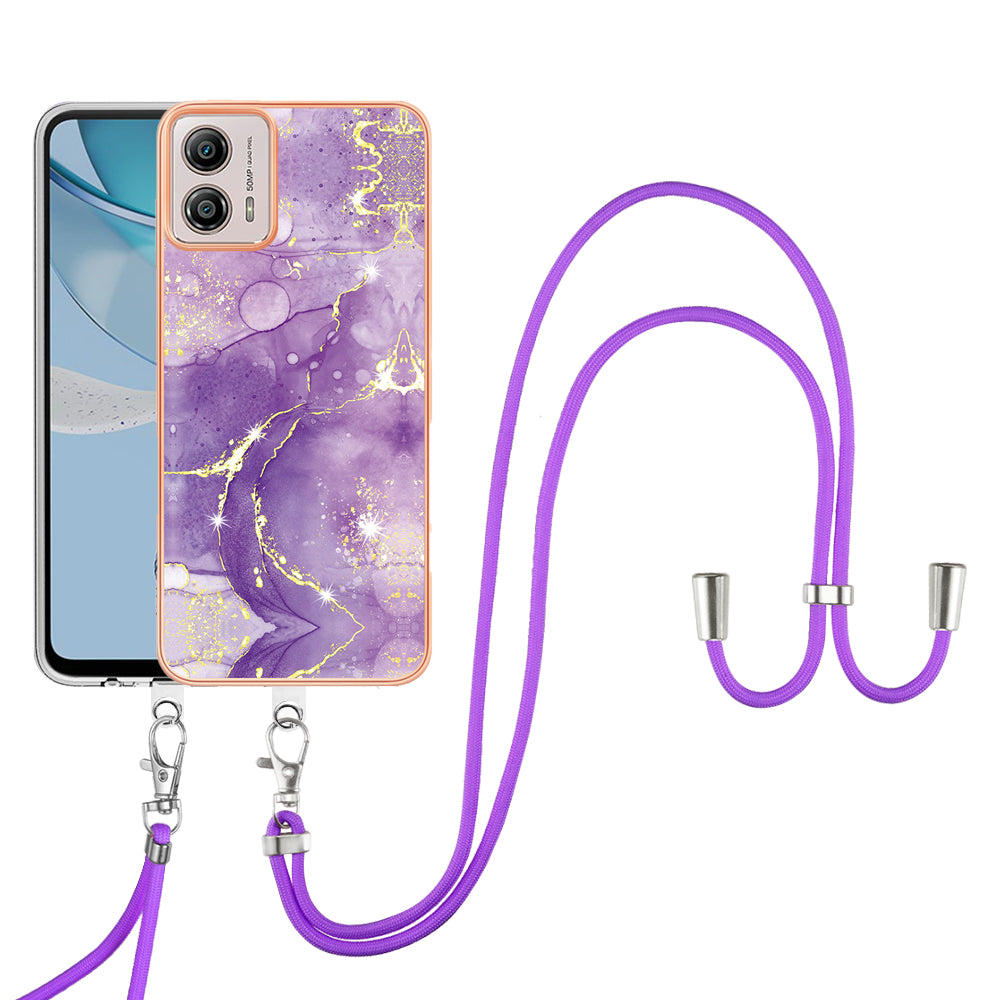 YB IMD Series-9 For Motorola Moto G53 5G / G13 4G TPU Cover Electroplated IMD Marble Pattern Phone Case with Lanyard - Purple 002