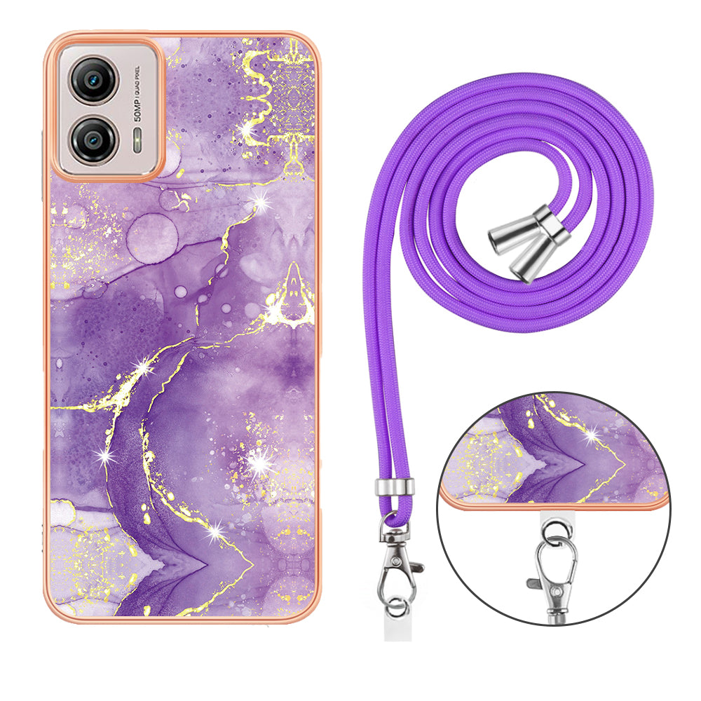 YB IMD Series-9 For Motorola Moto G53 5G / G13 4G TPU Cover Electroplated IMD Marble Pattern Phone Case with Lanyard - Purple 002
