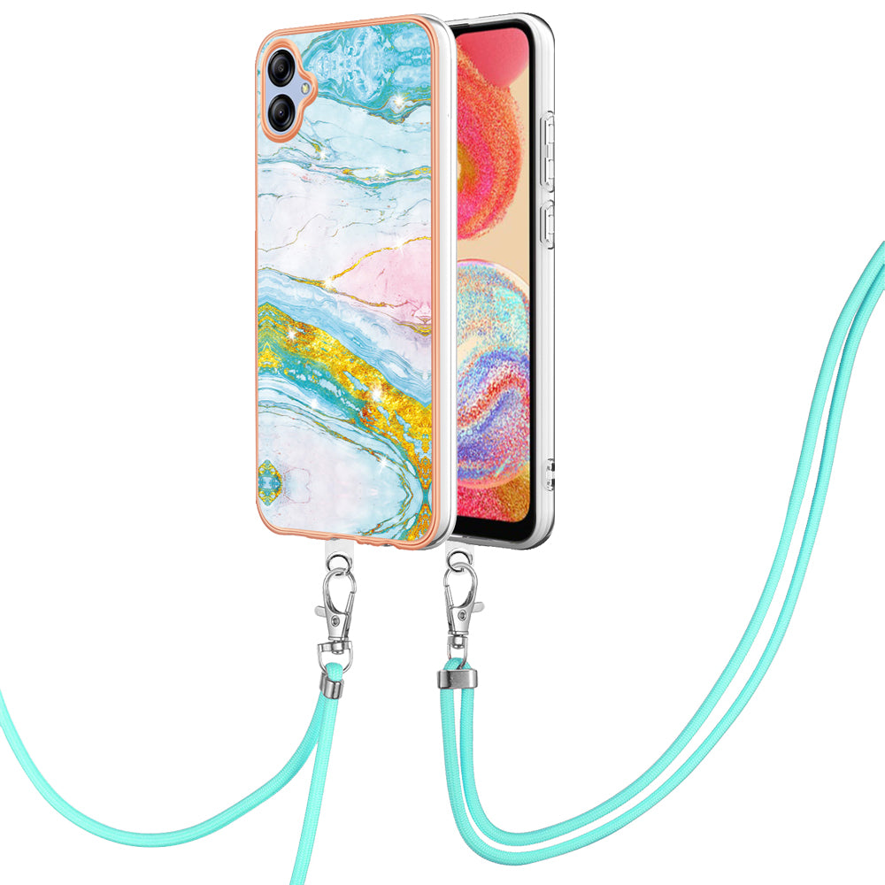 YB IMD Series-9 For Samsung Galaxy A04e / F04 / M04 4G Marble Pattern Case Electroplated IMD TPU Cover with Lanyard - Green 004