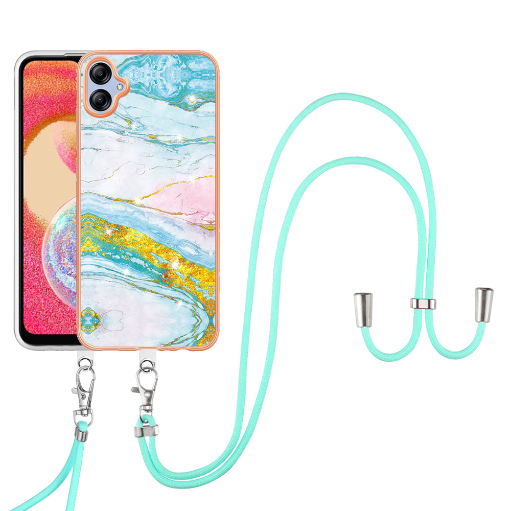 YB IMD Series-9 For Samsung Galaxy A04e / F04 / M04 4G Marble Pattern Case Electroplated IMD TPU Cover with Lanyard - Green 004