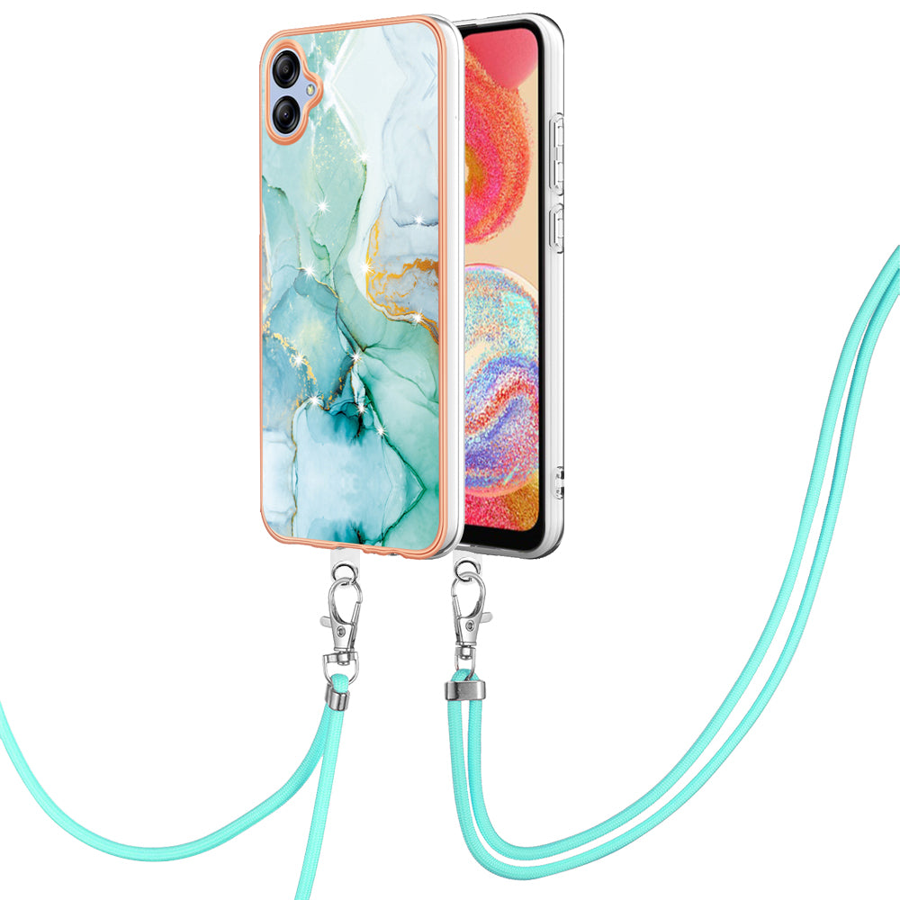 YB IMD Series-9 For Samsung Galaxy A04e / F04 / M04 4G Marble Pattern Case Electroplated IMD TPU Cover with Lanyard - Green 003