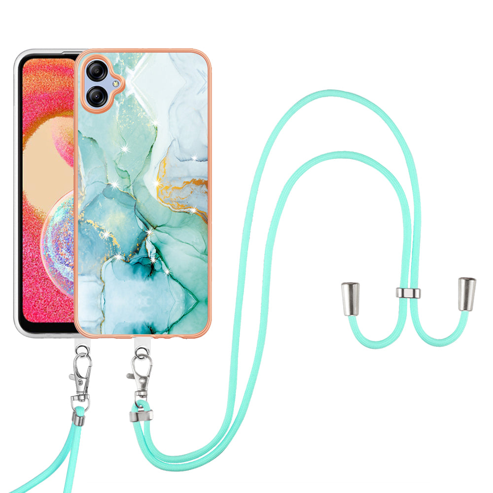 YB IMD Series-9 For Samsung Galaxy A04e / F04 / M04 4G Marble Pattern Case Electroplated IMD TPU Cover with Lanyard - Green 003