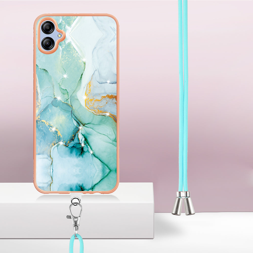 YB IMD Series-9 For Samsung Galaxy A04e / F04 / M04 4G Marble Pattern Case Electroplated IMD TPU Cover with Lanyard - Green 003