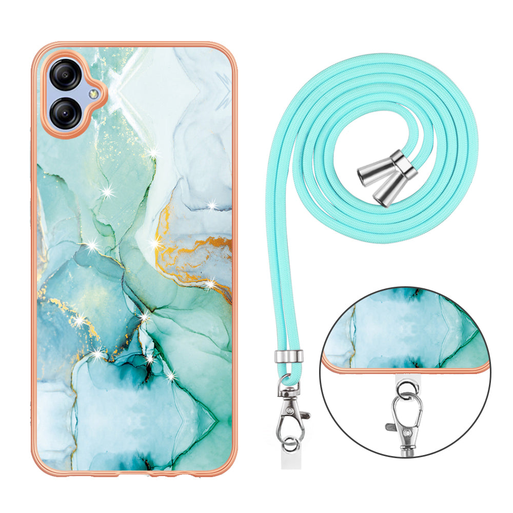 YB IMD Series-9 For Samsung Galaxy A04e / F04 / M04 4G Marble Pattern Case Electroplated IMD TPU Cover with Lanyard - Green 003